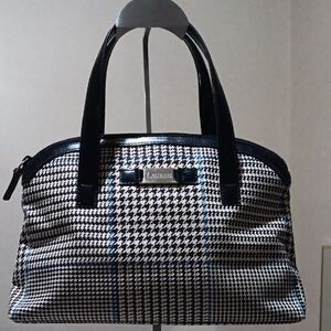 Lauren Ralph Lauren Black & White w Blue Hues Houndstooth Satchel NWOT